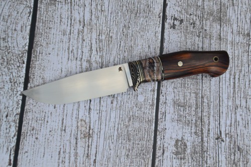 Нож Егерь - сталь RWL34, мокумэ, G10, стабилизированный зуб мамонта, айронвуд, карбоновые мозаичные пины.