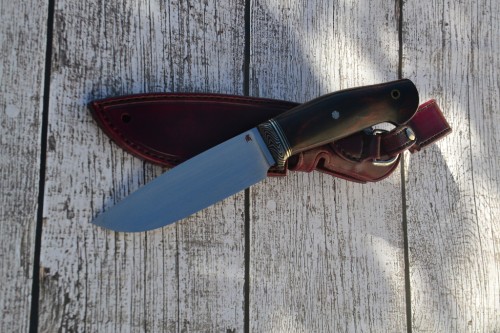 Нож Кайман - сталь PMD52, мокумэ, G10, кокоболо, карбоновые мозаичные пины.