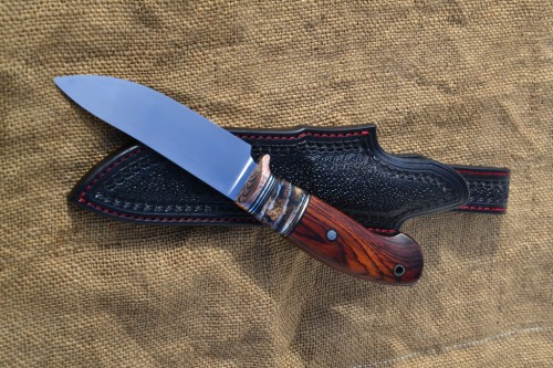 Нож Скинер - сталь RWL34, мокумэ, G10, стабилизированный зуб мамонта, кокоболо, карбоновые мозаичные пины.